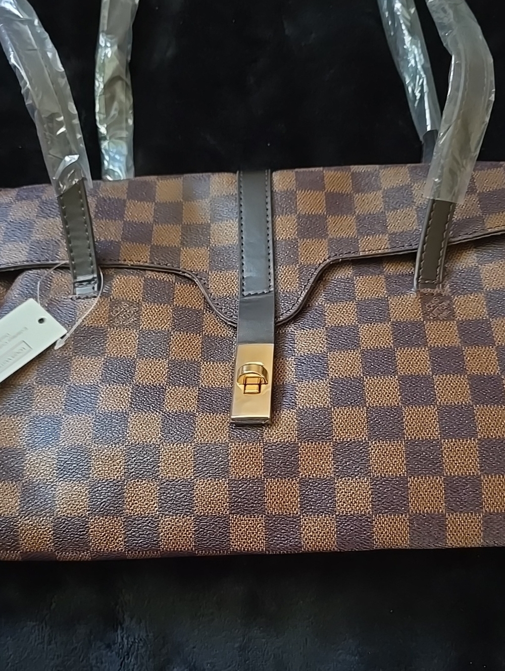 Brown Checker Tote Bag with Gold Hardware